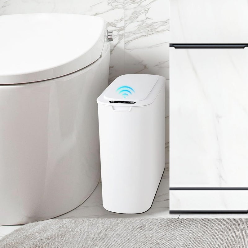 TIPGO Automatic Motion Sensor Bathroom Trash Can with Lid, 2.6 Gallon Touchless Trash Bin, Smart Garbage Can Plastic Slim Wastebasket for Bedroom, Office, Dorm (White) - Image 1